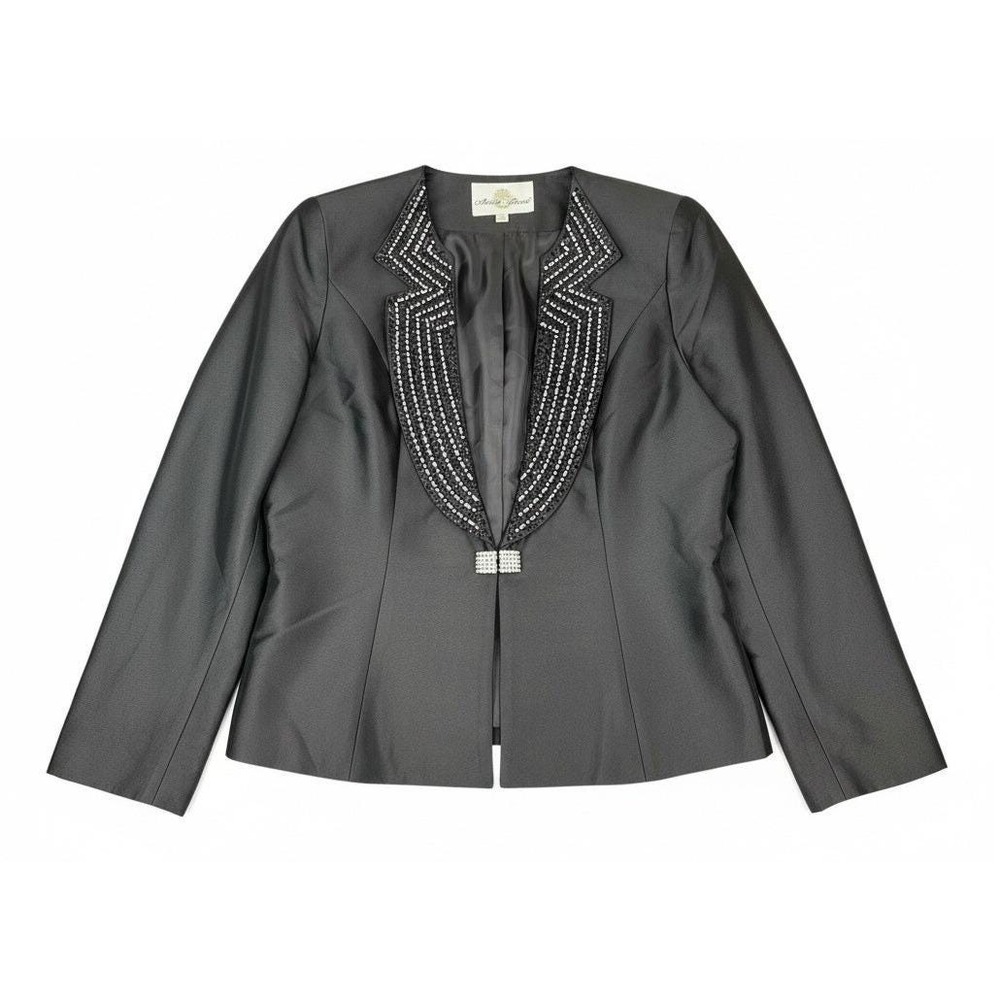 Vintage 90s Anna Rossi Black Hand-Beaded Silk Wool Evening Blazer Jacket Size 16